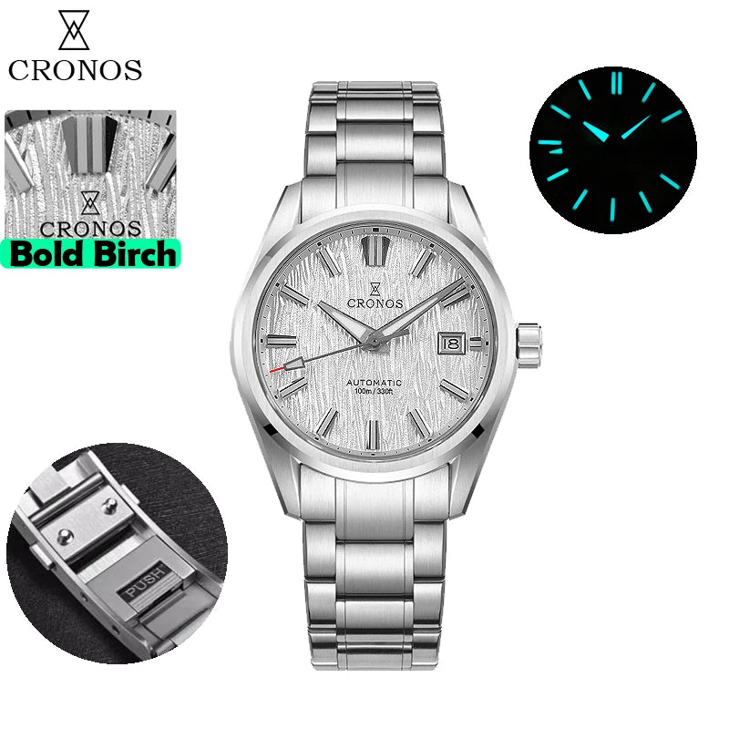 Cronos 39mm Automatic Watch, White Birch Dial, Stainless Steel – Silver White Birch