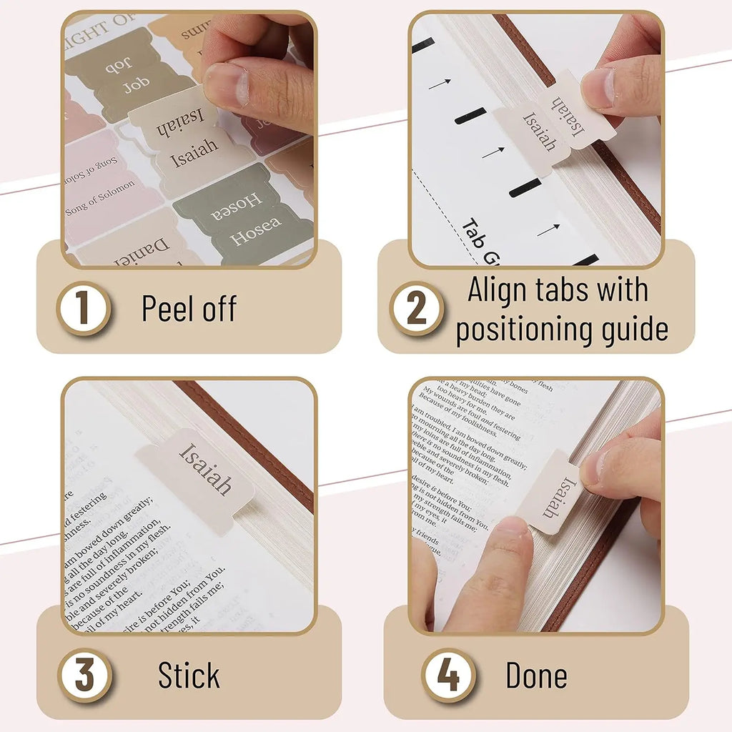 Step-by-step instructions on how to peel, align, and stick index tabs onto bible pages.