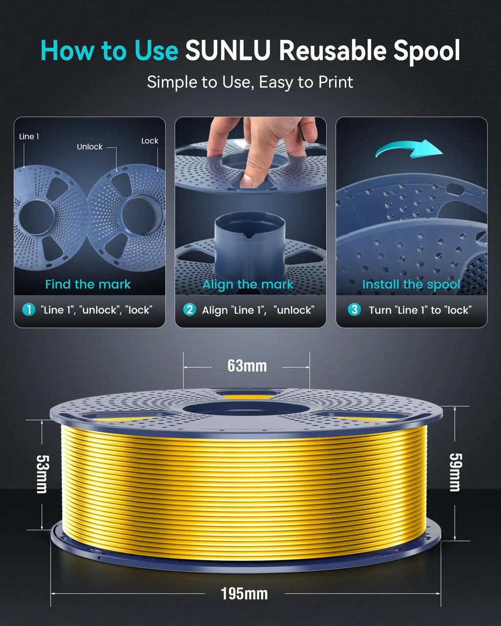 Diagram illustrating how to use a reusable 3D printer filament spool with step-by-step assembly instructions.