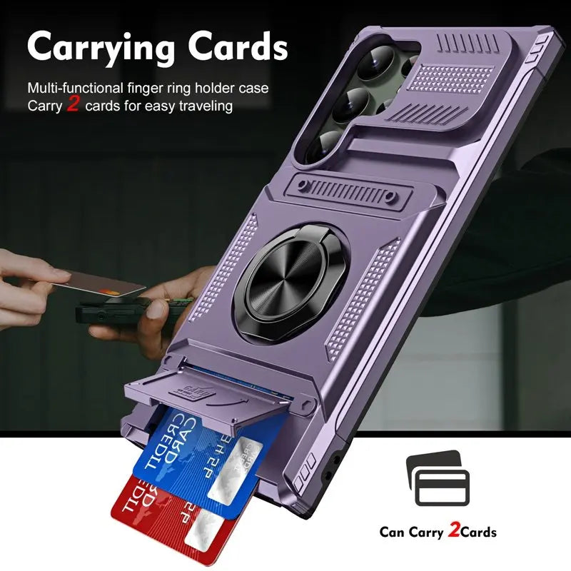 Purple heavy-duty protective phone case with integrated card holder, finger ring, and sliding camera cover.