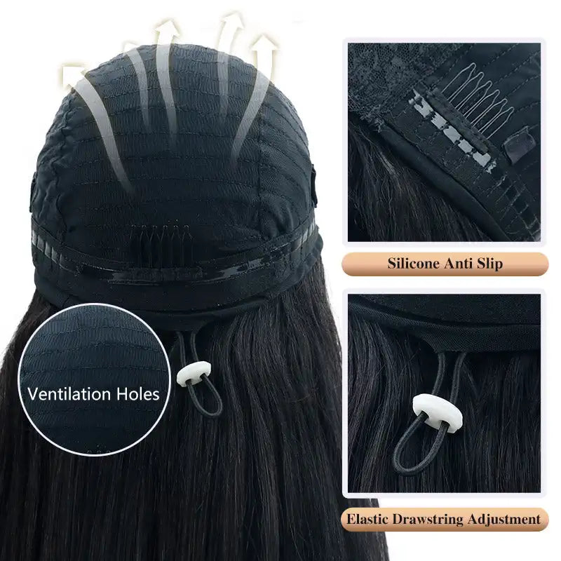 Inside construction of a hair wig showing ventilation holes, silicone anti-slip lining, and drawstring adjustment.