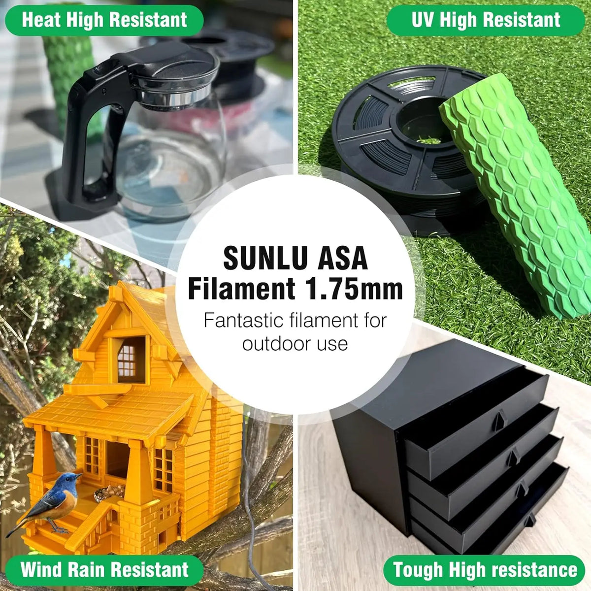 ASA filament examples including a coffee maker, a 3D printed object on grass, a birdhouse, and plastic drawers