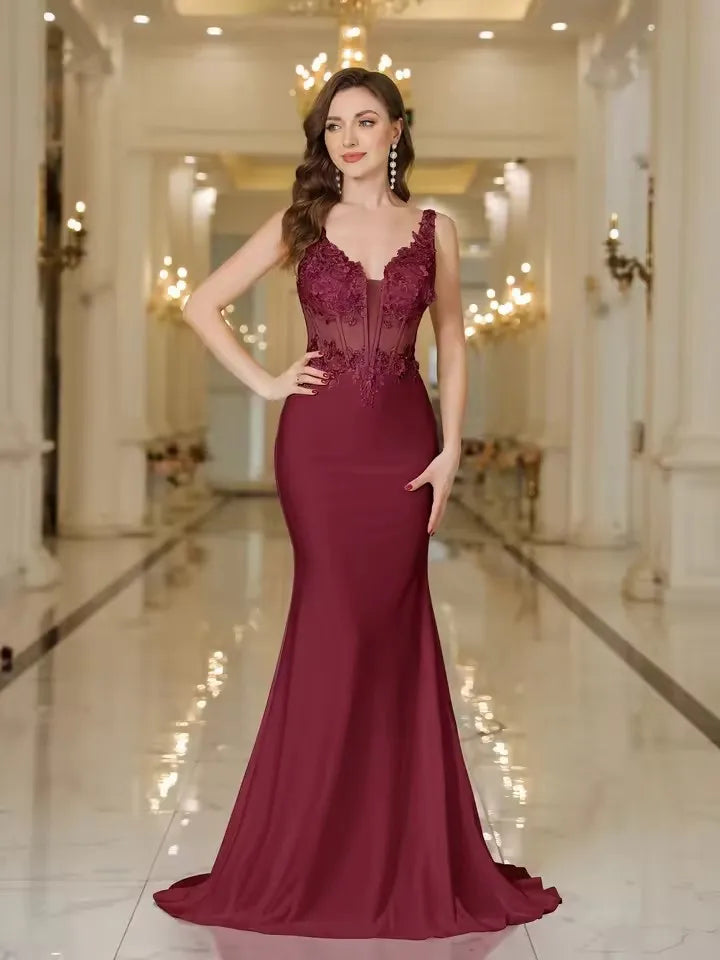 Babyonline Sleeveless Mermaid Wedding Dress with V-Neck and Appliques – Burgundy