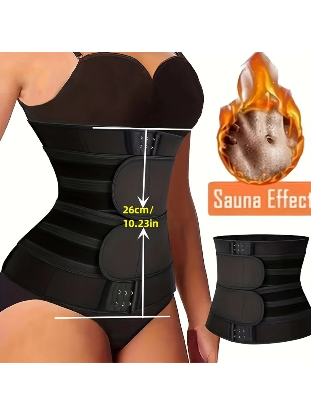 Woman wearing a black waist trainer belt with measurement markers for height.