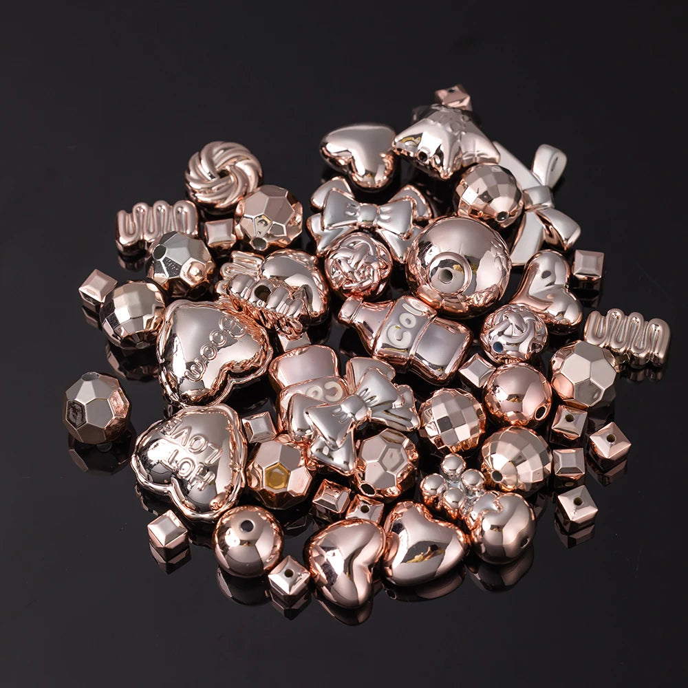 20g Y2K Acrylic Mixed Bowknot, Flower, and Heart Beads for DIY Jewelry – Rose Gold