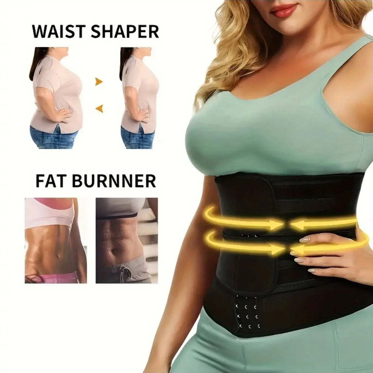 Woman wearing a black waist trainer belt, illustrating before and after results and compression effect.