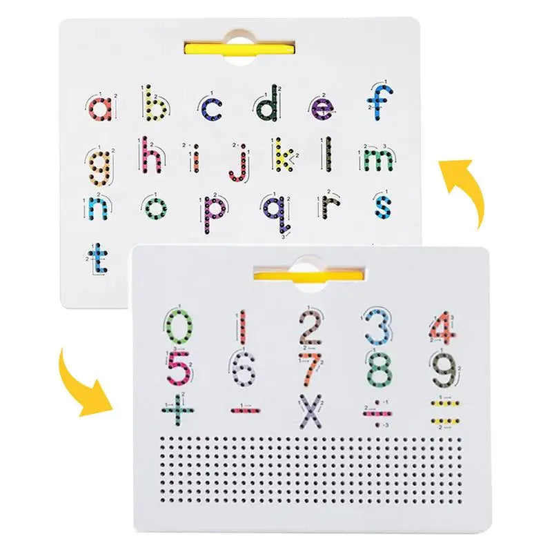 Educational double-sided magnetic tracing board with alphabet and numbers.