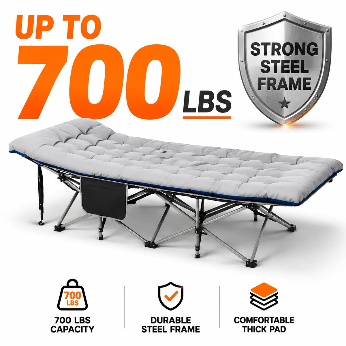 Portable Folding Camping Cot with Padded Mattress, 700 lbs Capacity – Blue