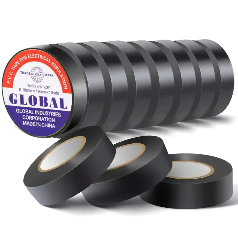 A stack of rolls of black electrical insulation tape on a white background.