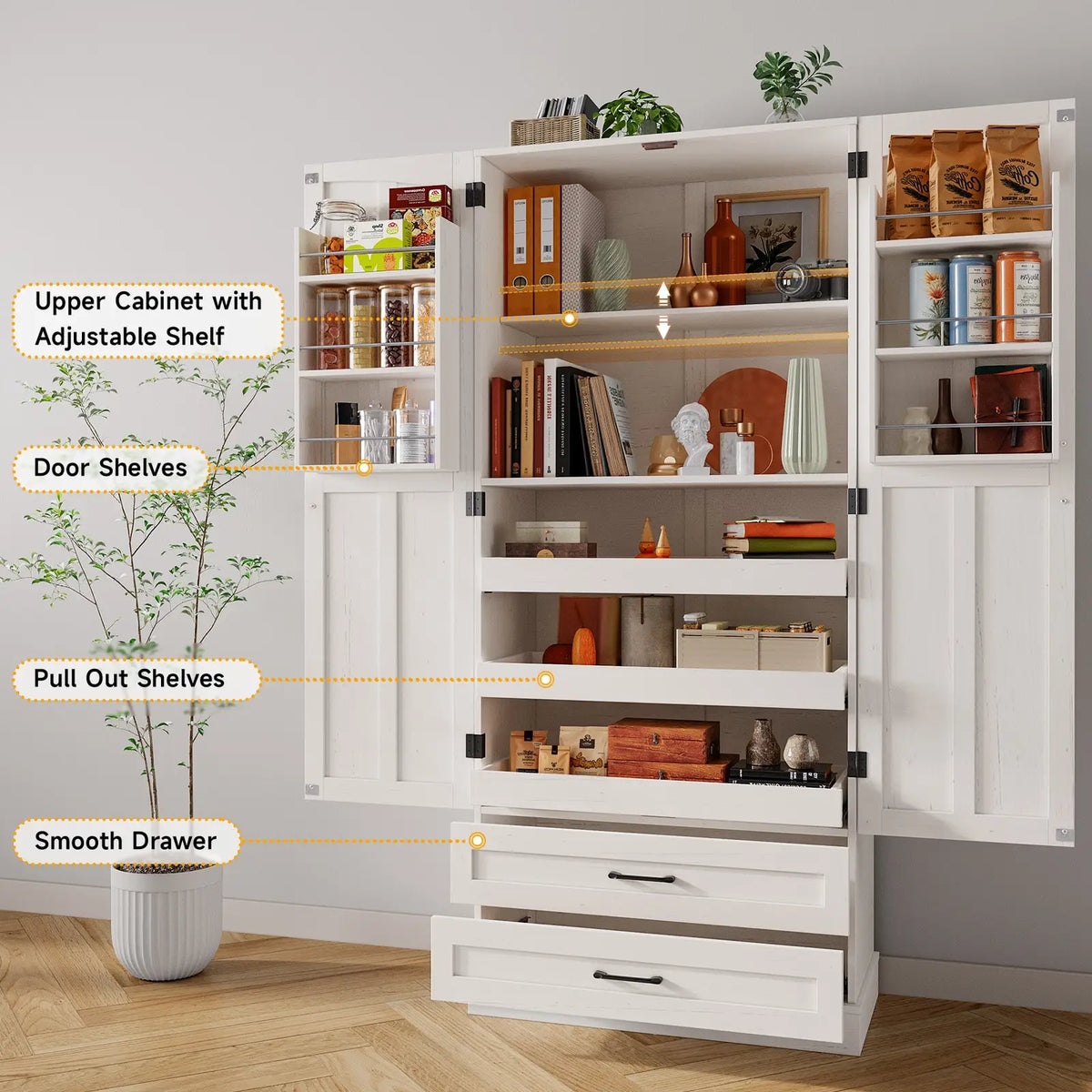 White kitchen pantry cabinet with open doors and highlighted pull-out shelves and drawers with explanatory labels