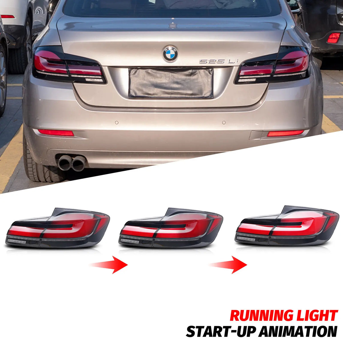LED tail lights for a car with a running light animation demo and a view of the lights installed on the back of a car.