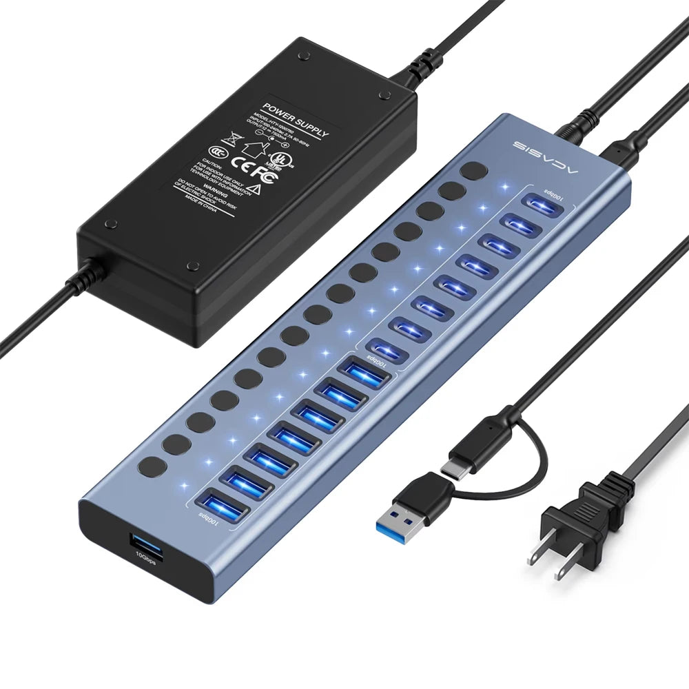 Acasis 16-Port USB 3.2 Gen 2 Hub, 10Gbps USB-A & USB-C Splitter – US Plug