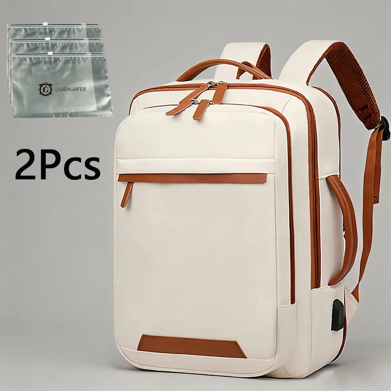 Oghuafee Expandable Computer Backpack, 20-35L Unisex Nylon Commuter Bag – White 3-Piece Set