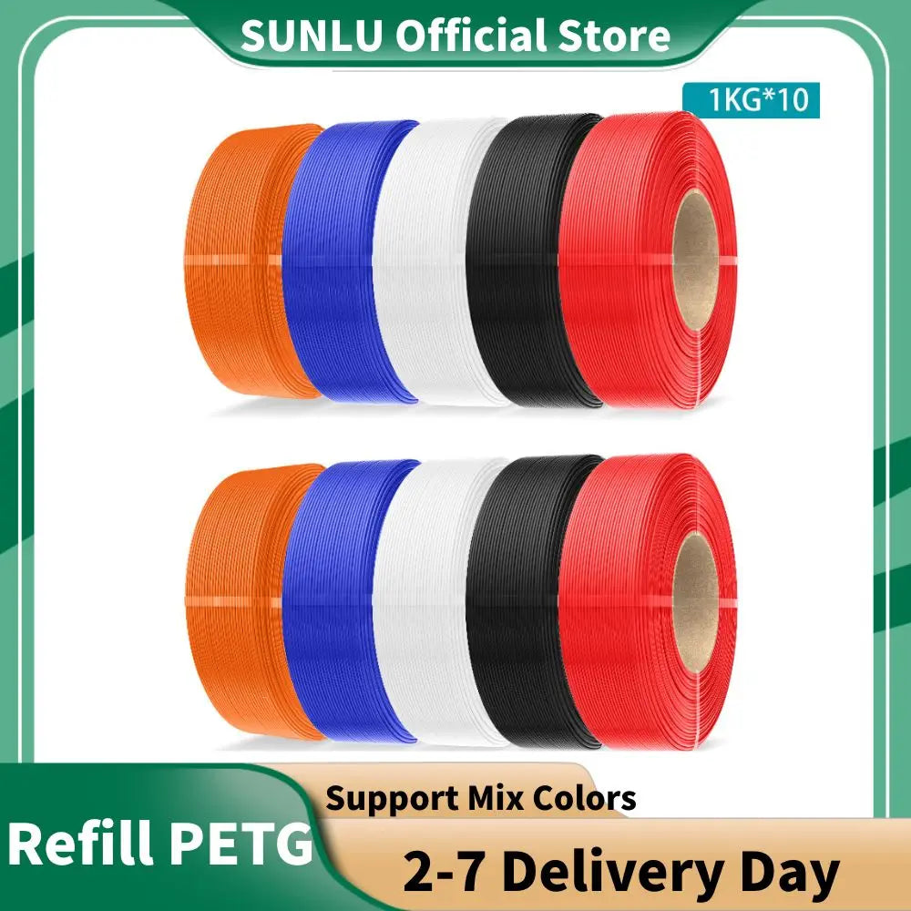 A set of 10 rolls of 1kg PETG 3D printer filament in assorted vibrant colors including orange, blue, white, black, red