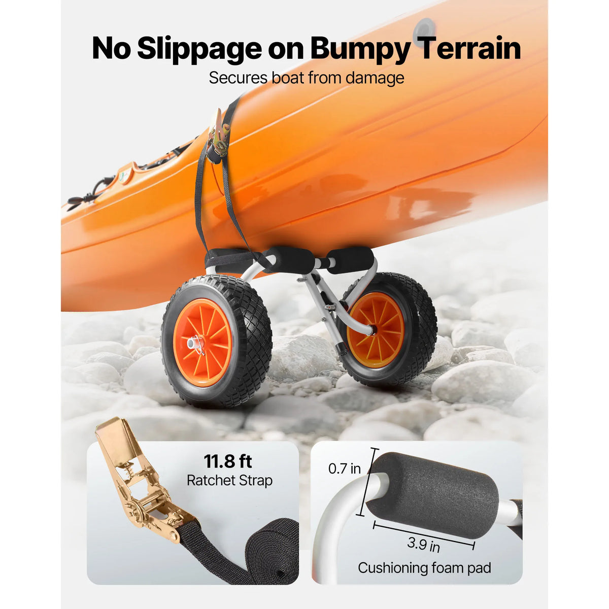 A kayak on a trolley on a rocky terrain with close up of the ratchet strap and foam pad