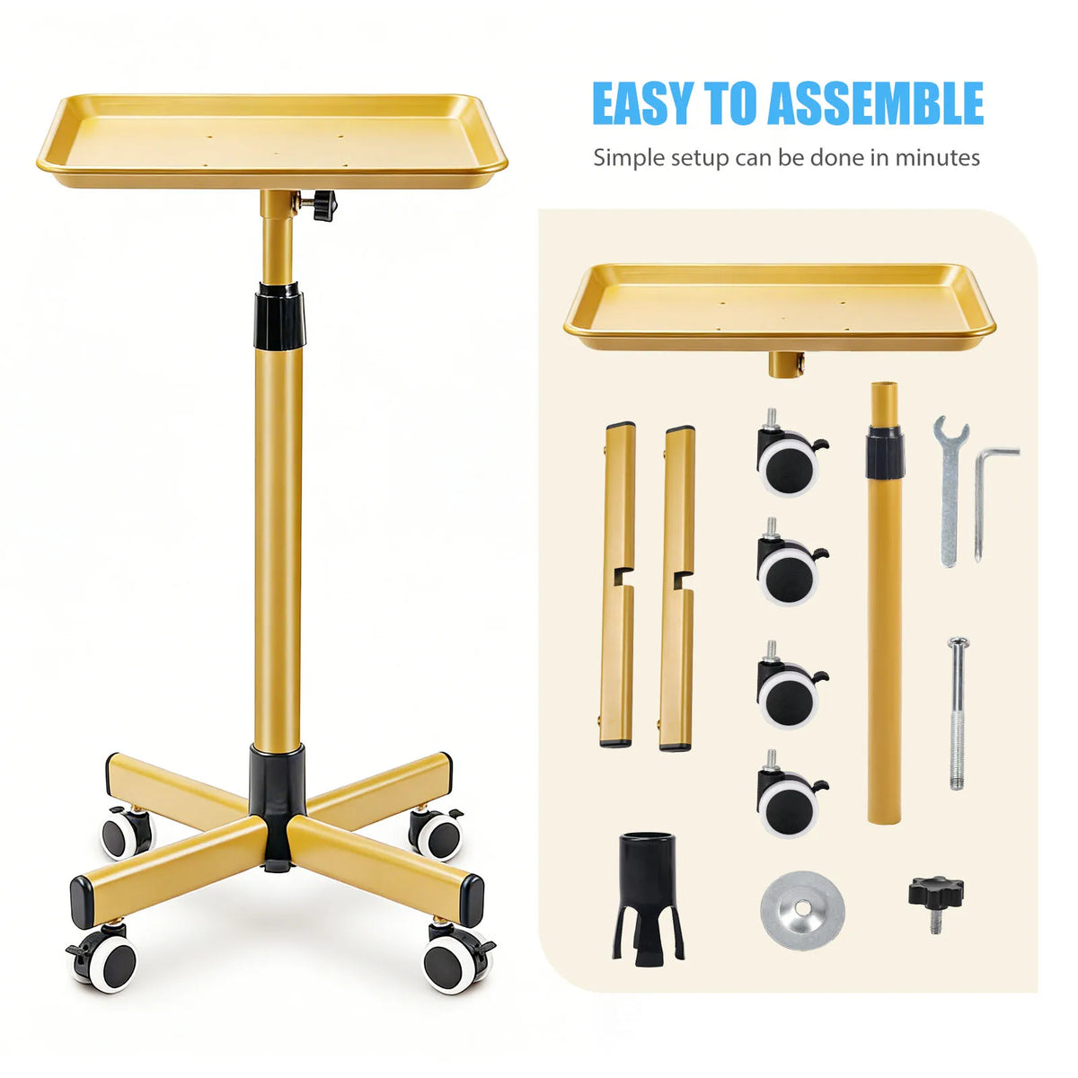Parts of a gold rolling salon trolley laid out for assembly
