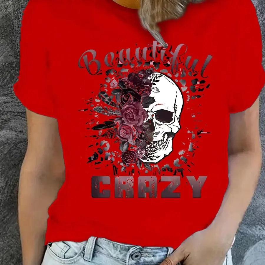 Skull & Letter Print Crew Neck T-Shirt for Women – Red