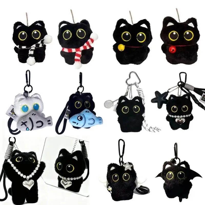 Collection of various black cat plush keychains with accessories like scarves, fish, bells, and pearls.