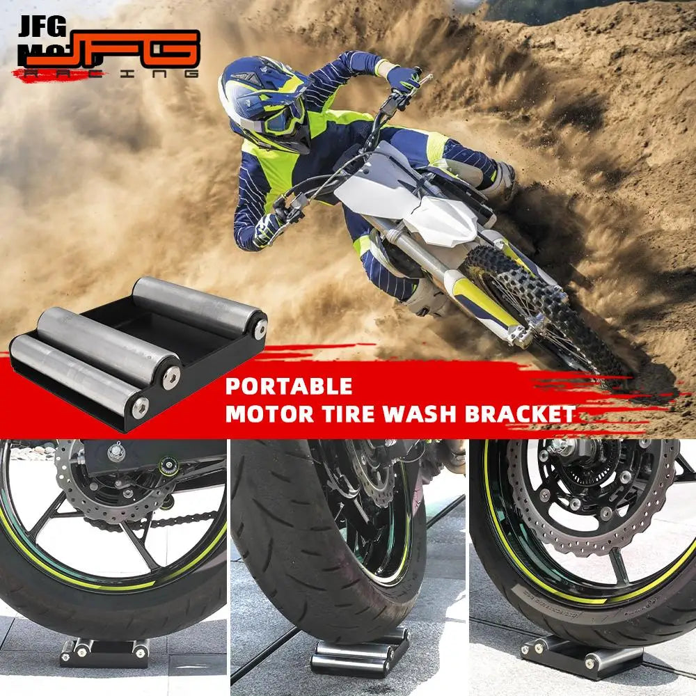 Portable motorcycle wheel cleaning bracket with a rider on a dirt bike in the background, showing usage demonstration.