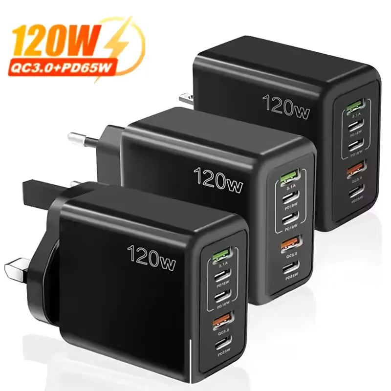 Three black 120W multi-port fast chargers with different plug types