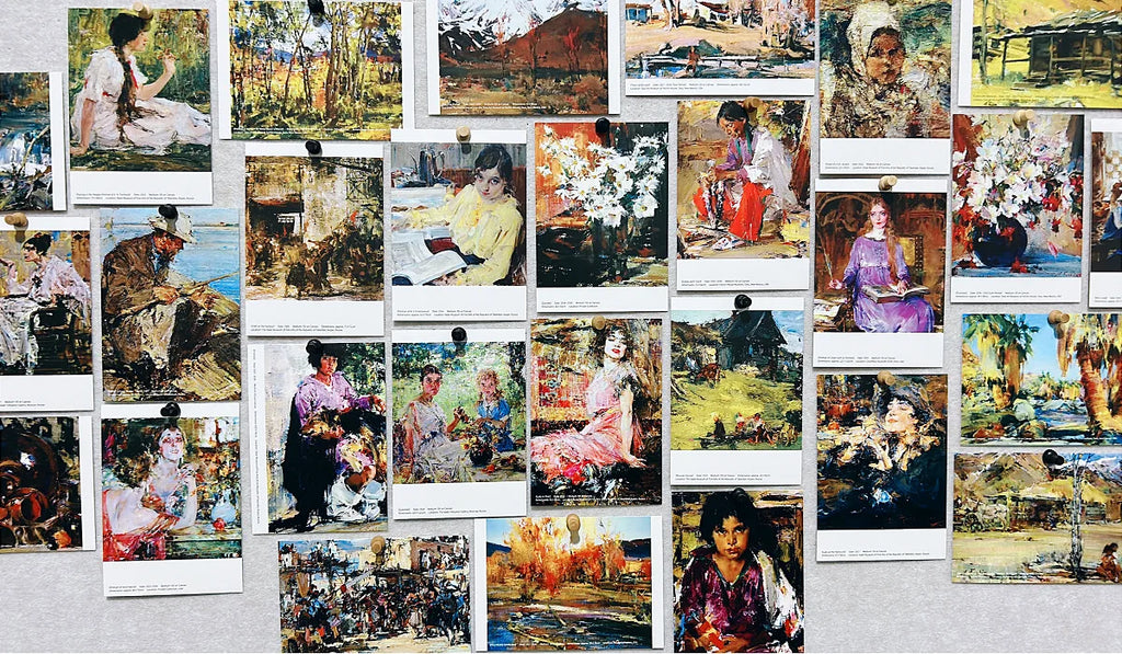 A collection of art postcards with classical oil paintings pinned on a board.
