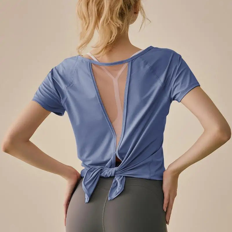 Women's Short Sleeve Yoga Shirt with Mesh Back and Cross Wrap – B