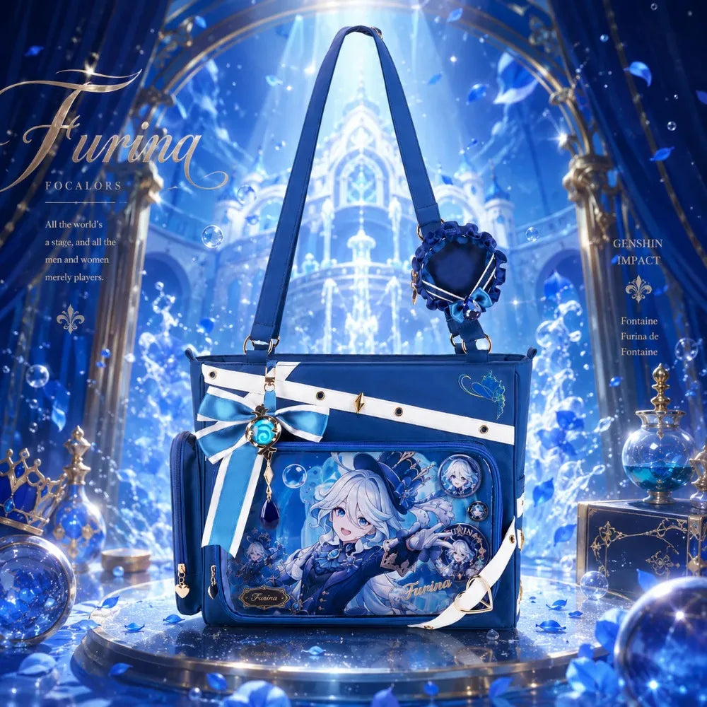 Blue tote bag with anime character design and decorative bow, displayed against a blue fantasy themed background
