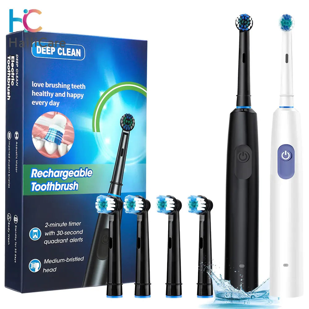 Electric toothbrush set with black and white handles and four replacement brush heads