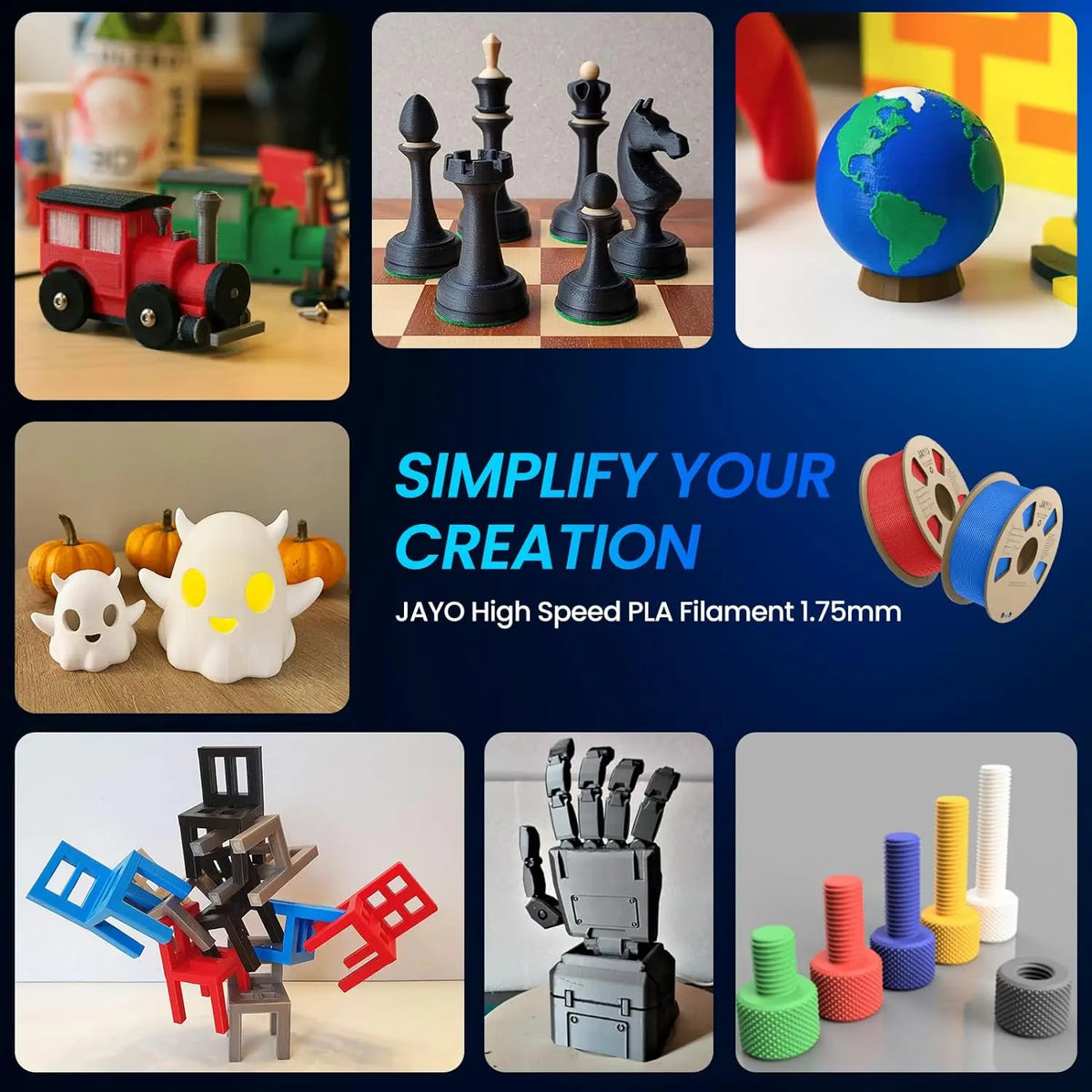 A collage showing various 3D printed objects such as toys, chess pieces, and mechanical parts
