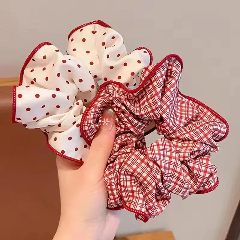 Red Dot and Plaid Hair Scrunchies - Elastic Polyester Hair Ties – 2pcs-C
