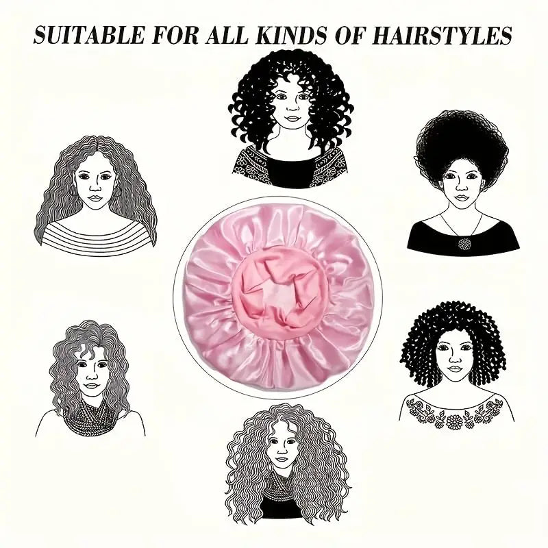 A pink satin bonnet surrounded by illustrations of women with various hairstyles.