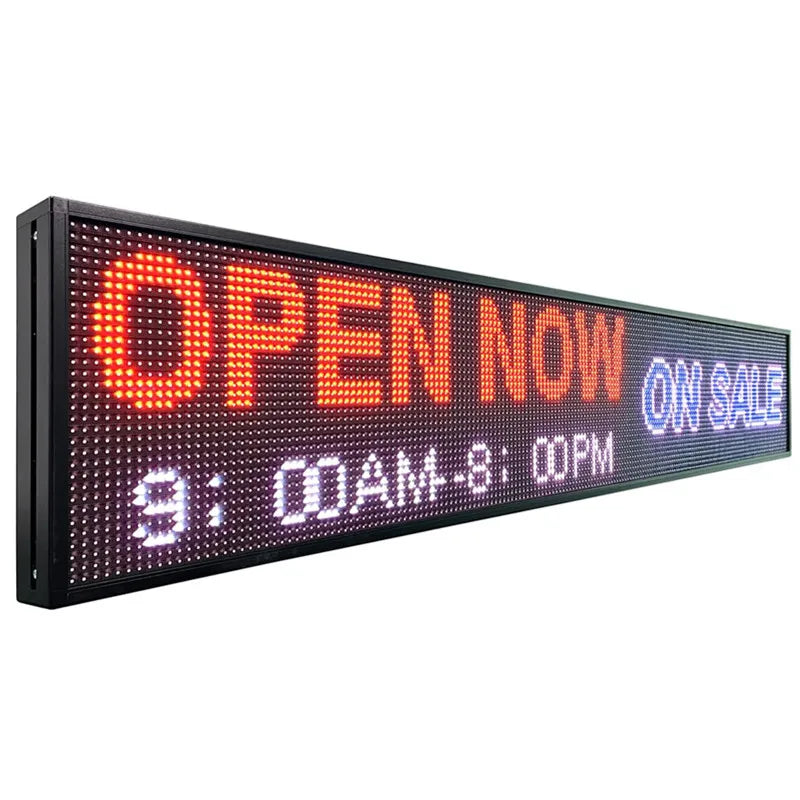 A wide rectangular black LED scrolling message board sign displaying open hours and sale text