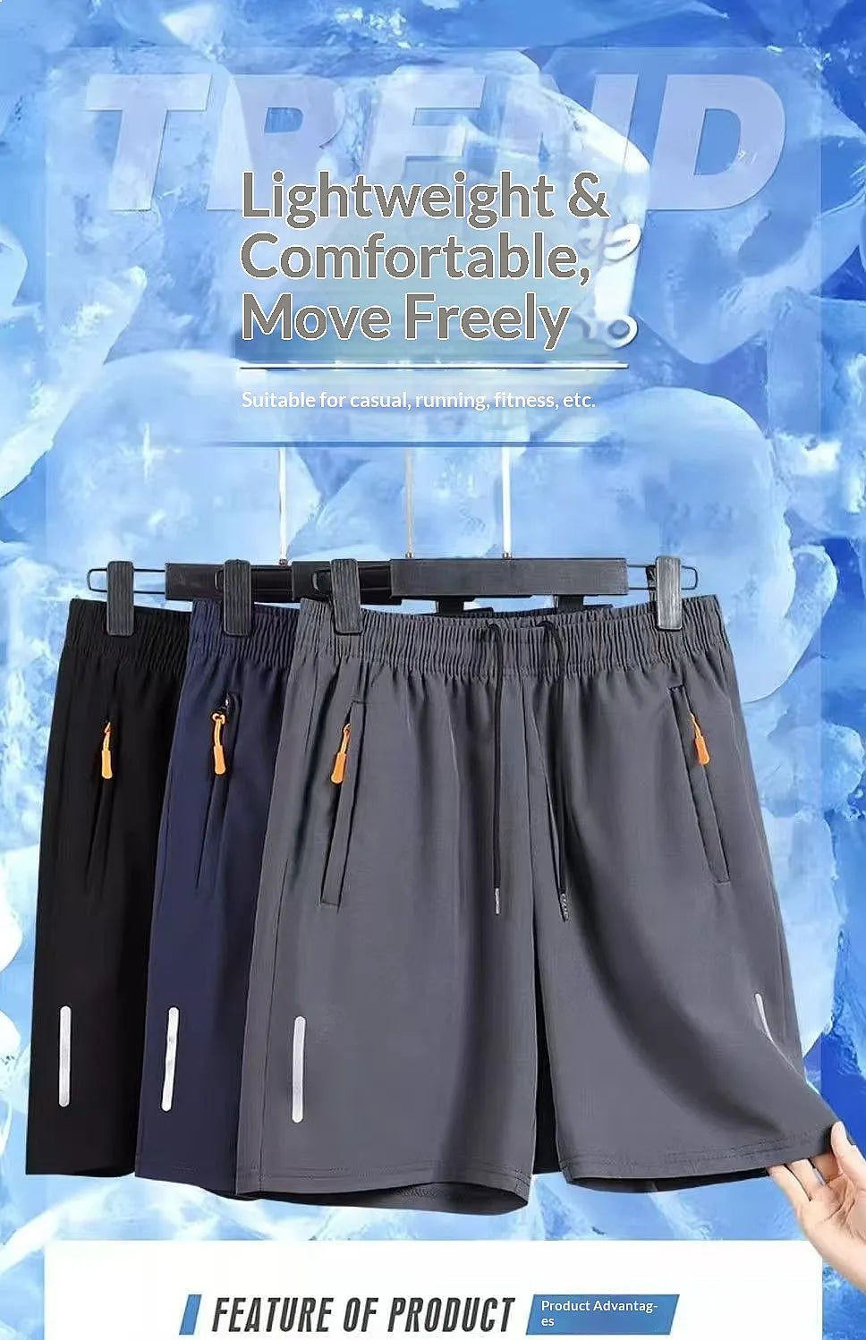 Men's athletic shorts in three colors displayed on hangers with text overlay