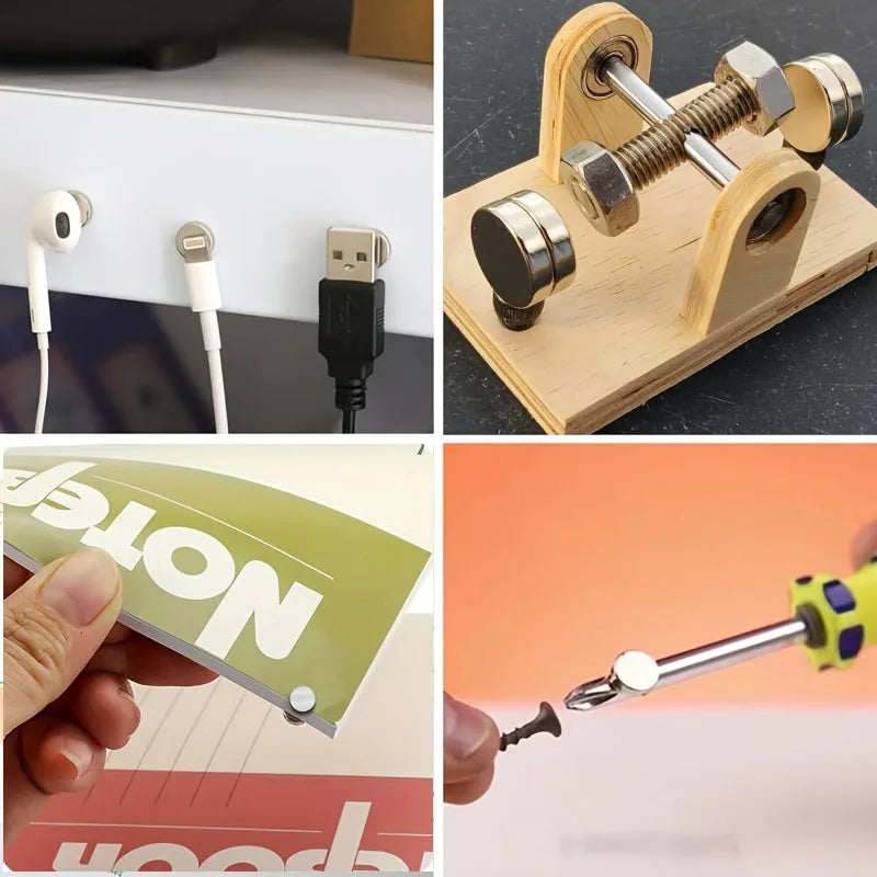 Collage of magnets used for cable organization, hobby DIY projects, securing notebooks and holding screws