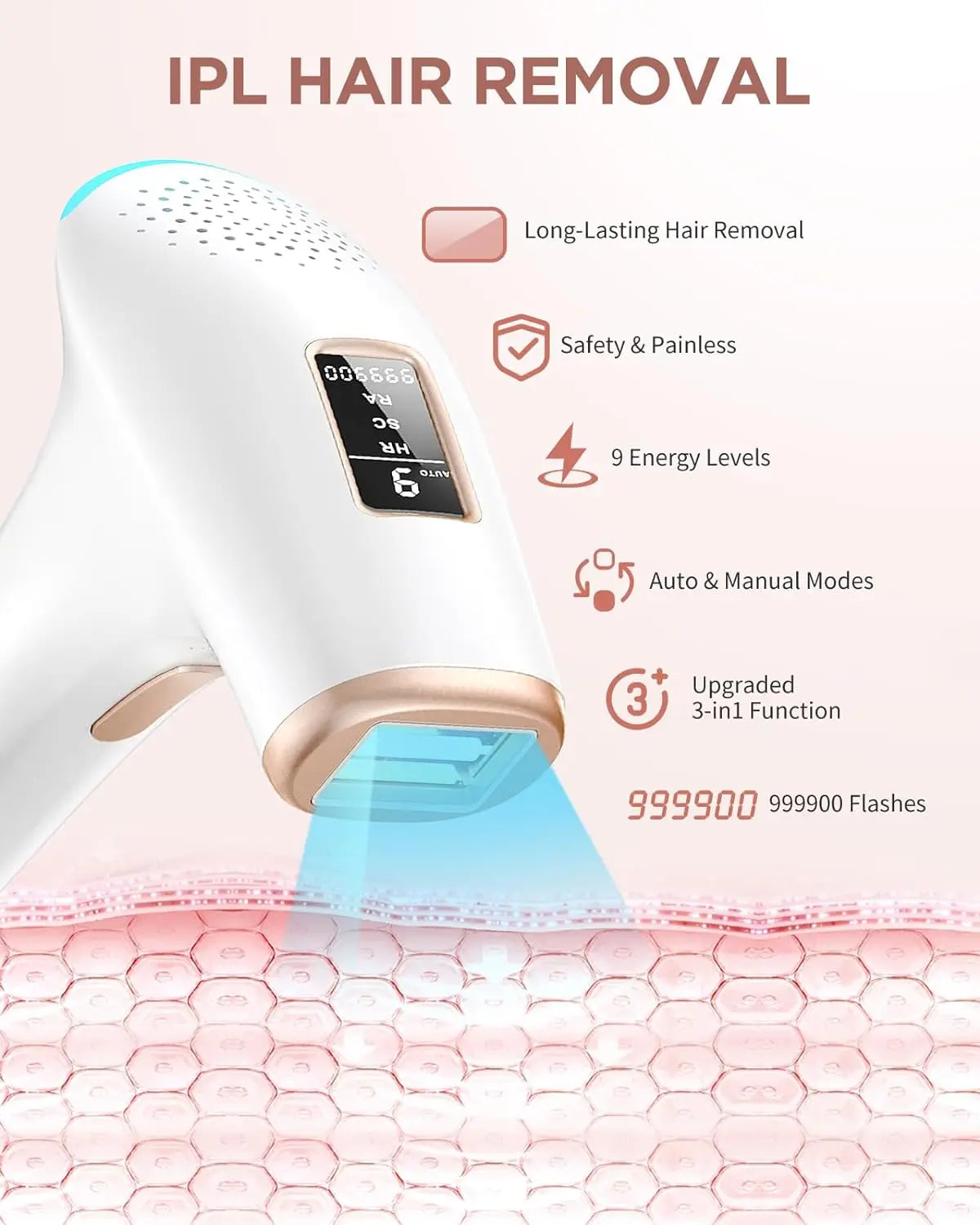 Close-up of white and rose gold IPL hair removal device with digital screen and light application.