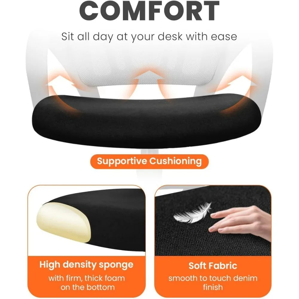 Close-up features of a black office chair including high-density foam seat cushion and soft fabric