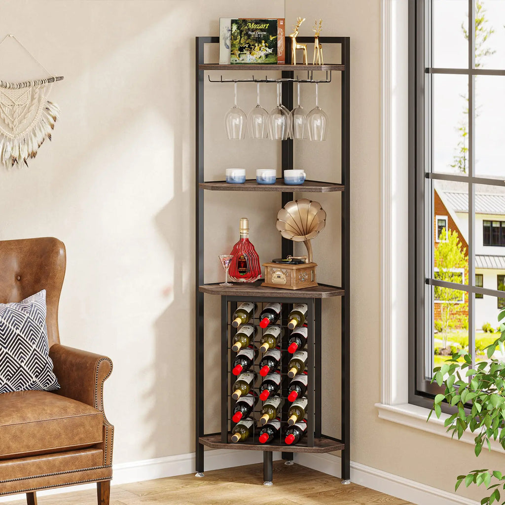 A rustic brown corner bar shelf with a bottle rack and stemware storage in a cozy living room.