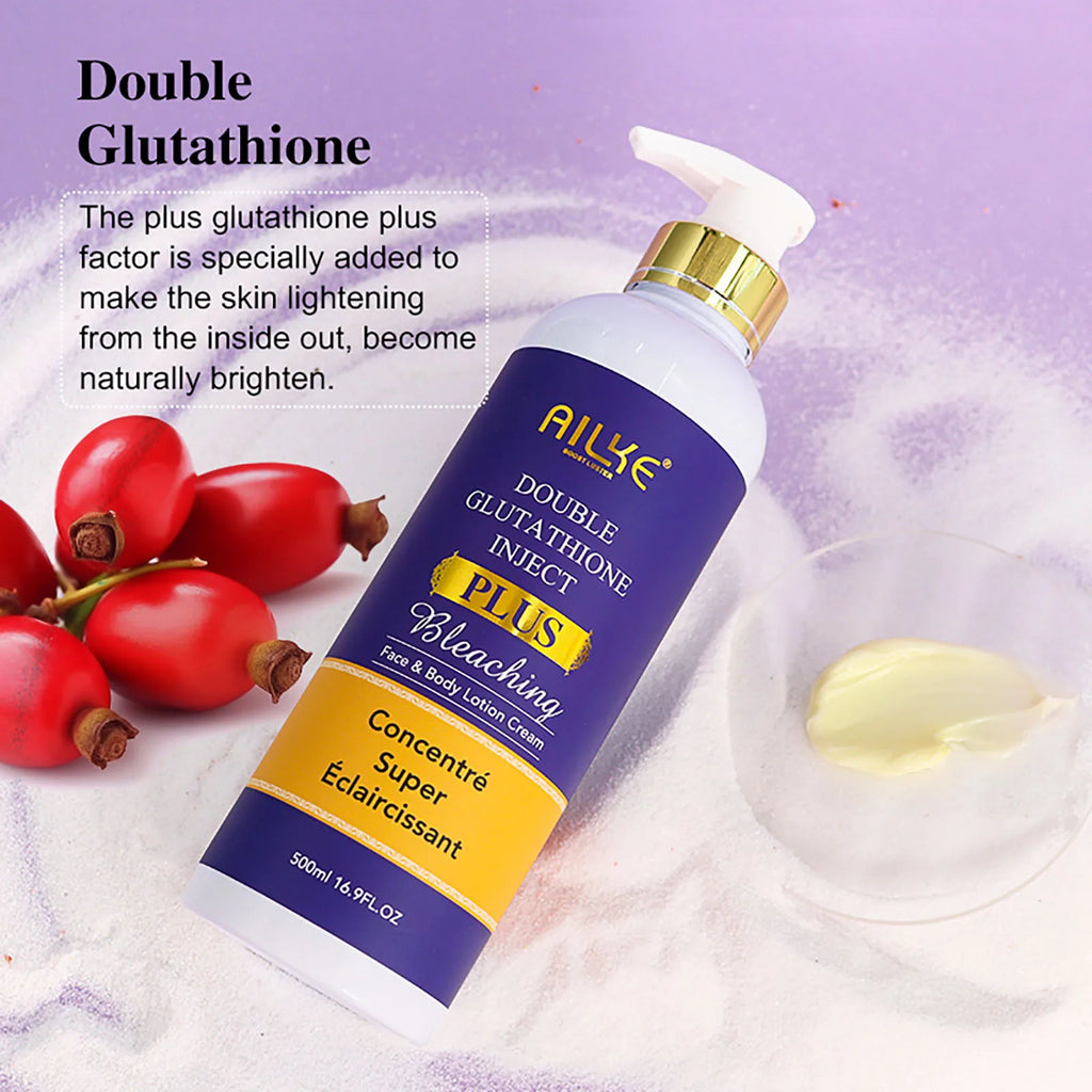 A bottle of body lotion cream with rose hips and a sample of lotion.