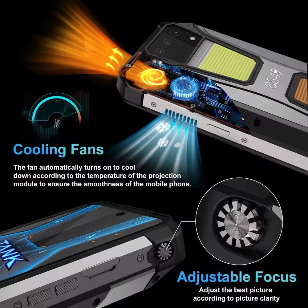 Rugged smartphone cooling fan technology and adjustable focus dial