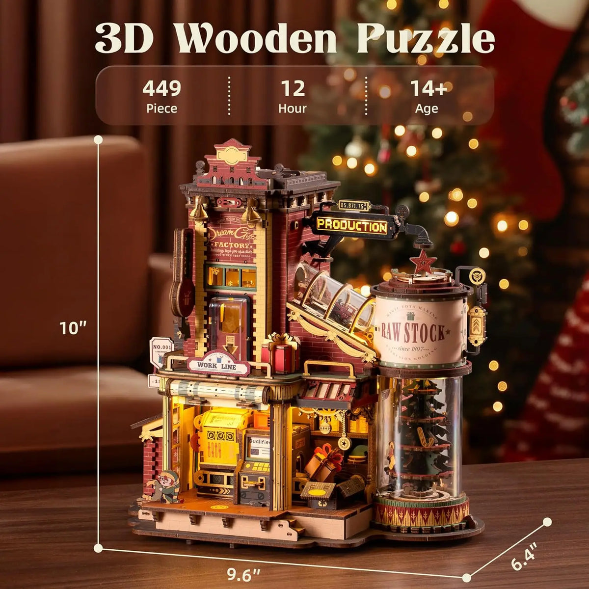 A miniature wooden toy factory 3D puzzle model with dimensions indicated in inches.