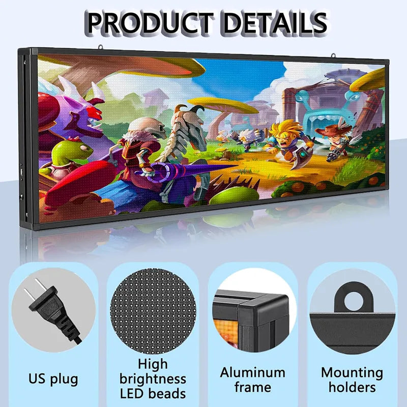 LED sign board with product details, featuring US plug, LED beads, aluminum frame and mounting holders.
