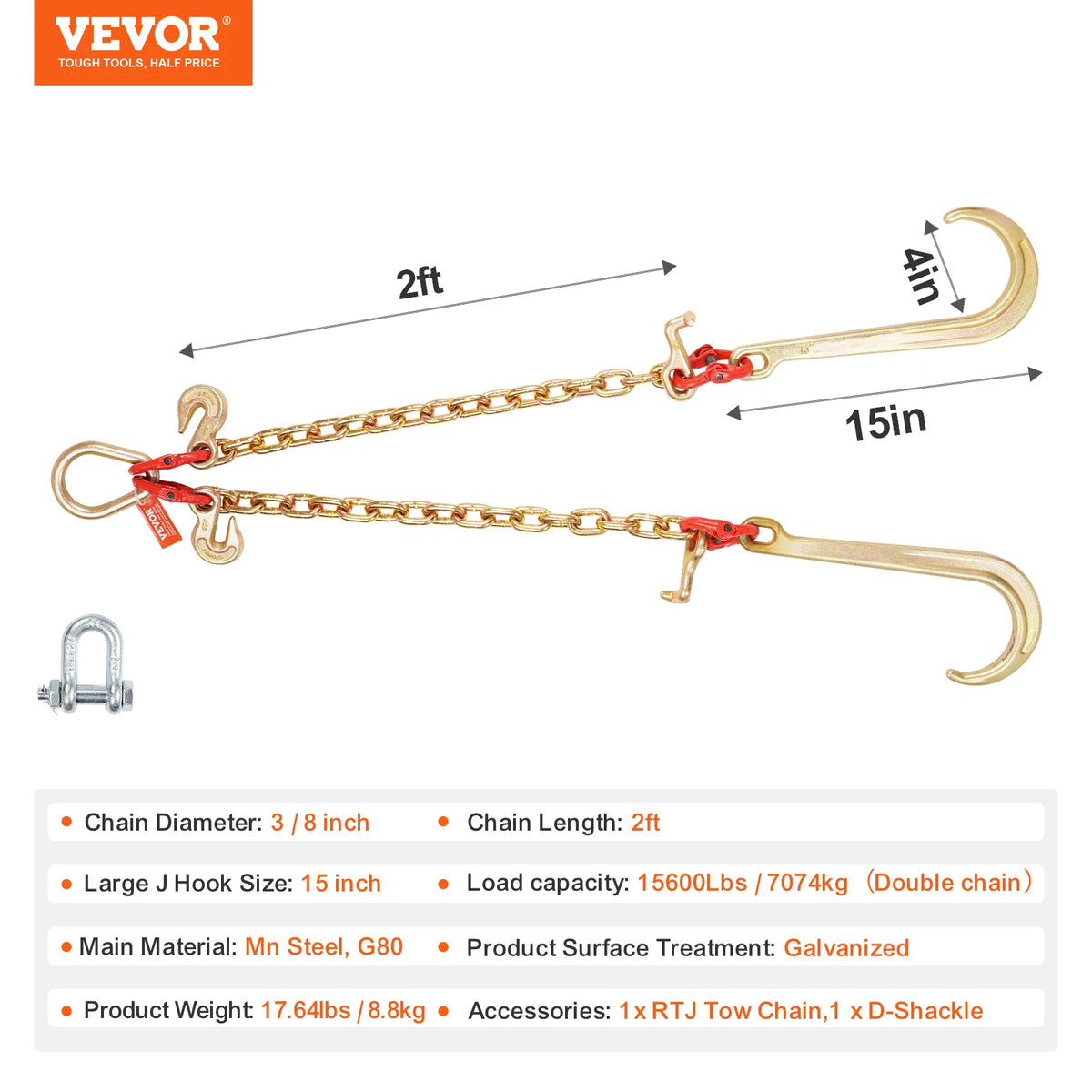 SucceBuy G80 V-Bridle Towing Chain with J and Grab Hooks – 10 mm