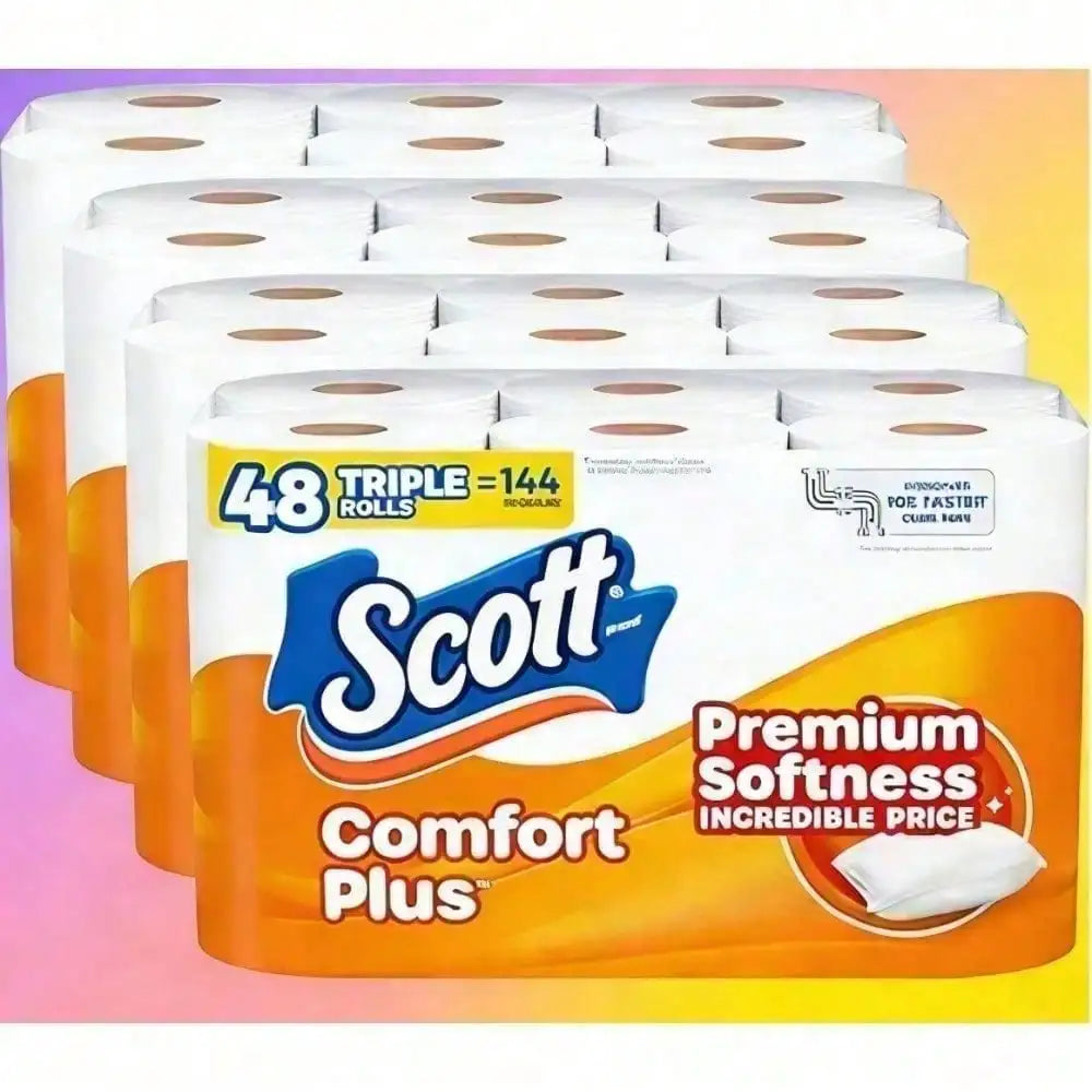 A stack of bathroom tissue rolls in orange packaging against a soft gradient background