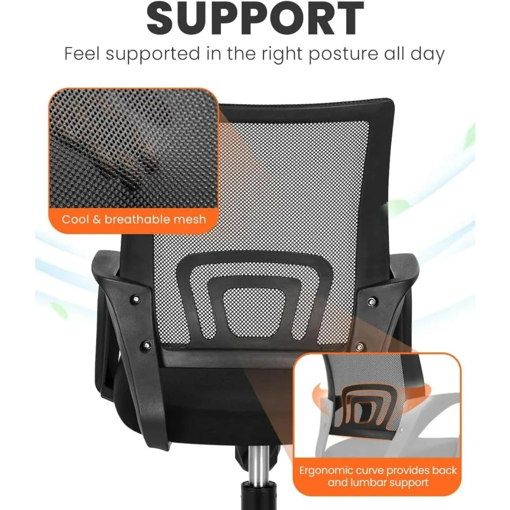 Close-up features of a black office chair including breathable mesh and lumbar support