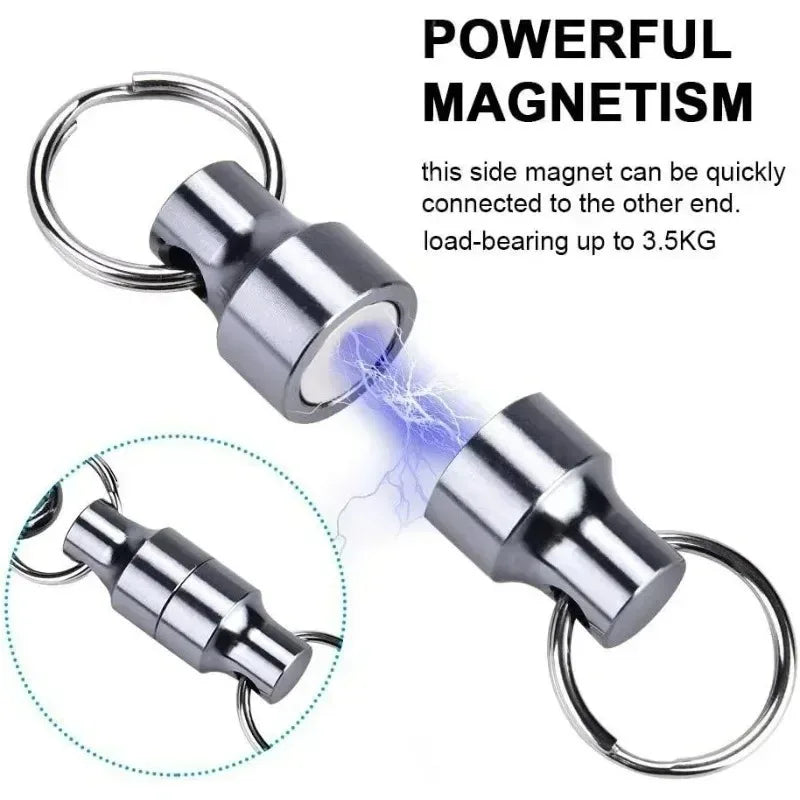 Illustration showing magnetic keychains connecting with a visual representation of magnetic force.