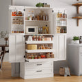White farmhouse style kitchen pantry cabinet with open doors revealing shelves, drawers, and food storage containers
