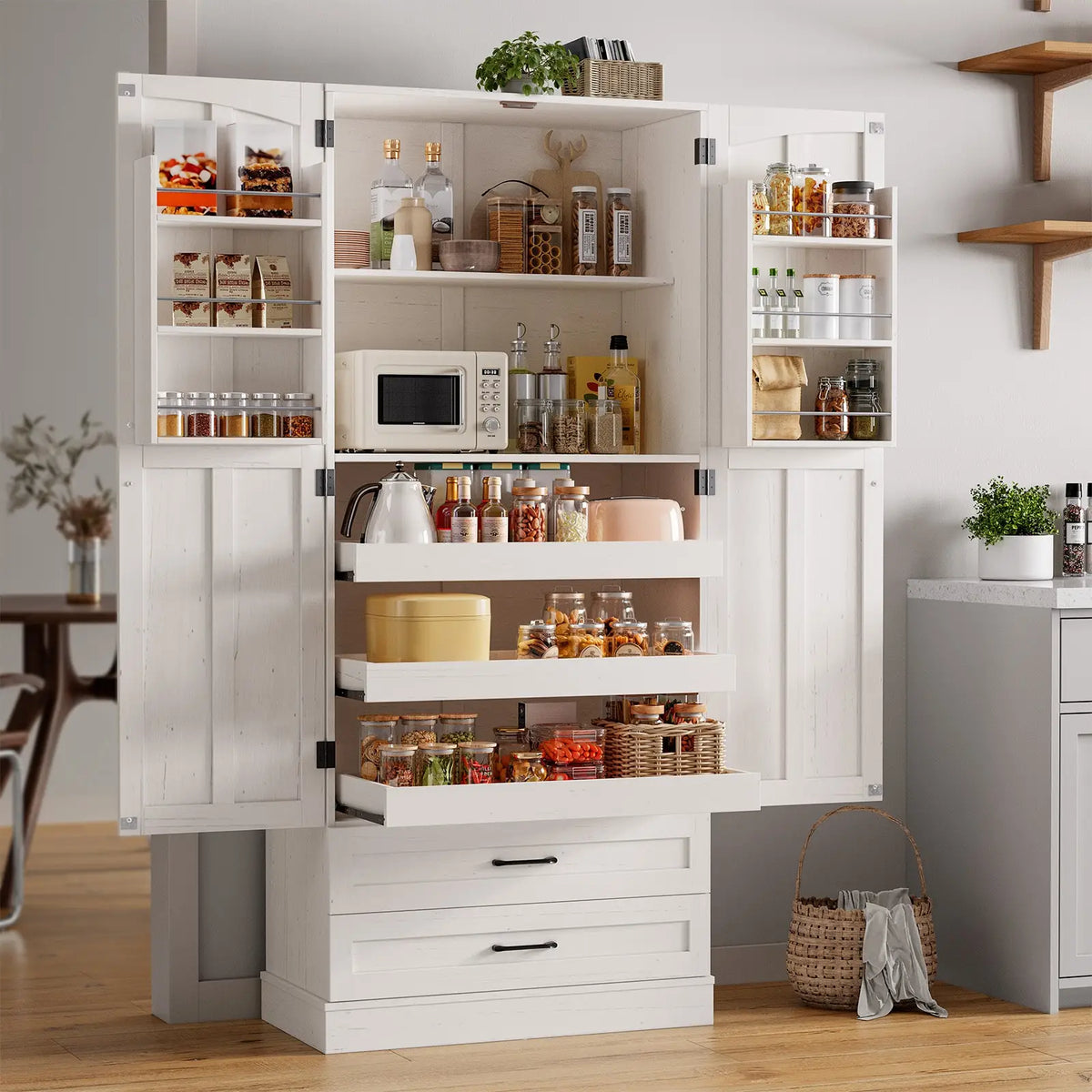 White farmhouse style kitchen pantry cabinet with open doors revealing shelves, drawers, and food storage containers