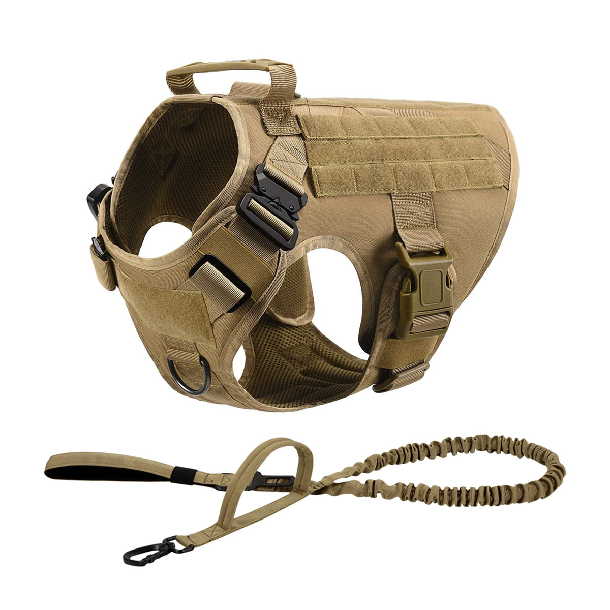 Tactical Dog Harness with Collar and Leash for Medium to Large Dogs – Brown 2 Pieces