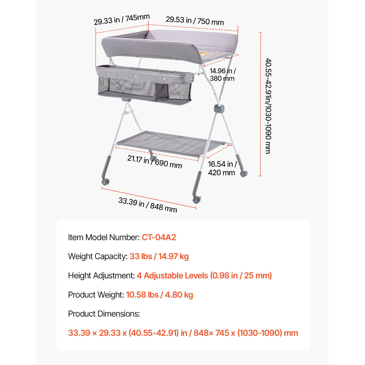 SucceBuy Foldable Baby Changing Table with Storage and Adjustable Height – Light grey X shape