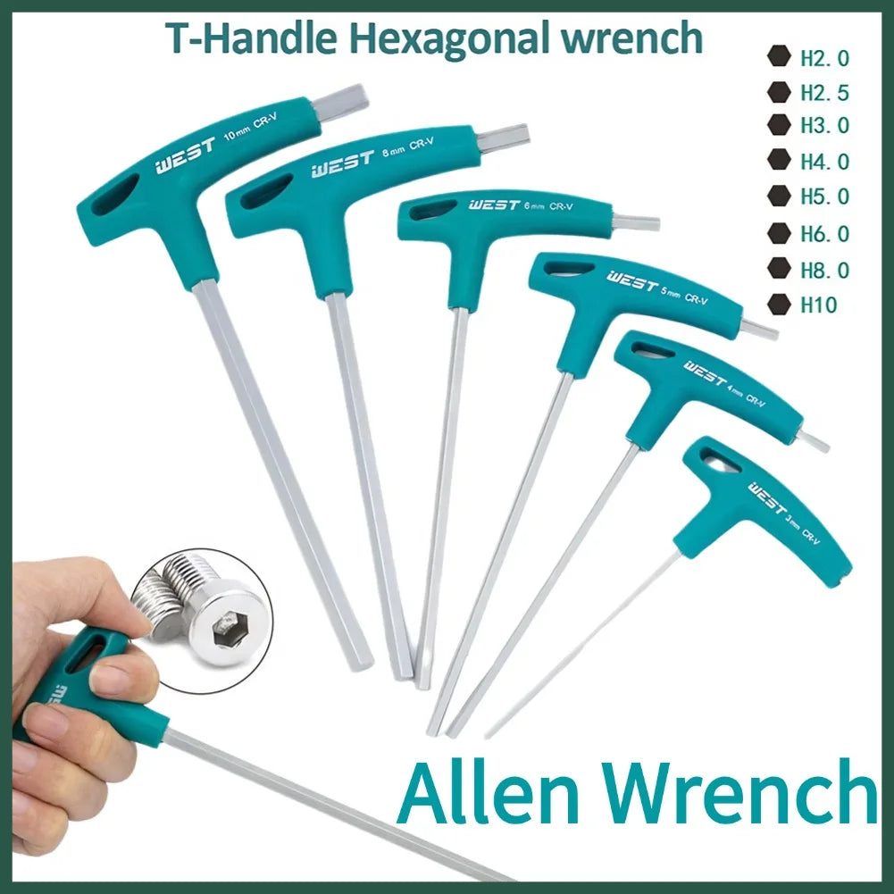A single T-handle hex wrench with a matte chrome finish and ergonomic grip handle.